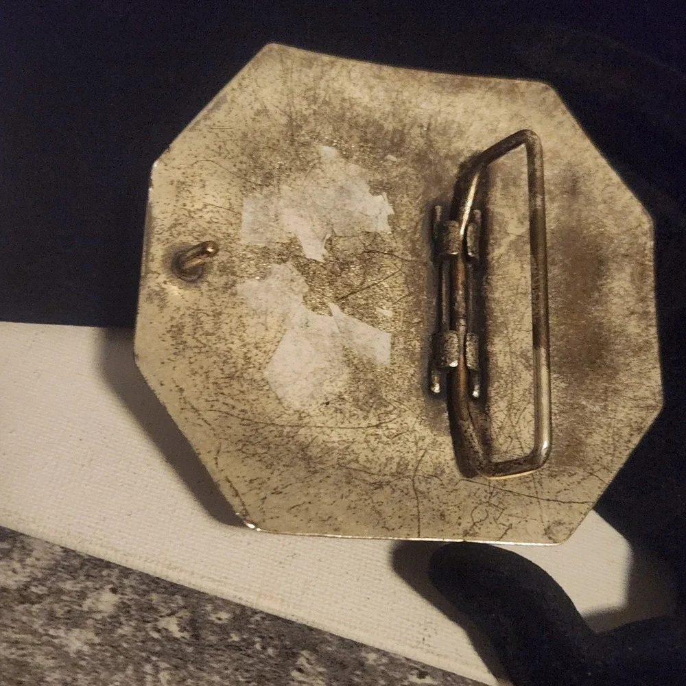 Vintage Octagonal Floral Etched Mixed Metal Belt Buckle Silver‎ Brass Tone Boho